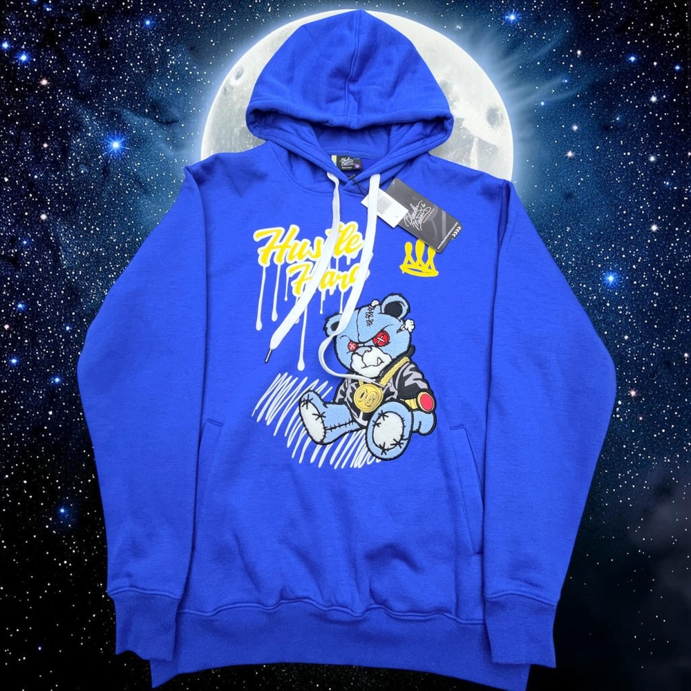 Bleeker & Mercer Mens Hustle Hard Hoodie Size Large Blue Chenille Bear Patch NEW